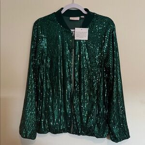 Belle by Kim Gravel Emerald Sequin Bomber Jacket